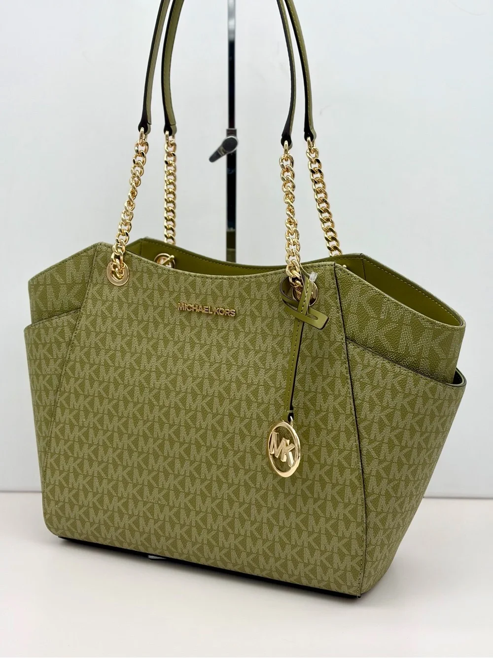 Michael Kors Olive Green MK Signature Chain Tote Shoulder Bag with Wallet Set